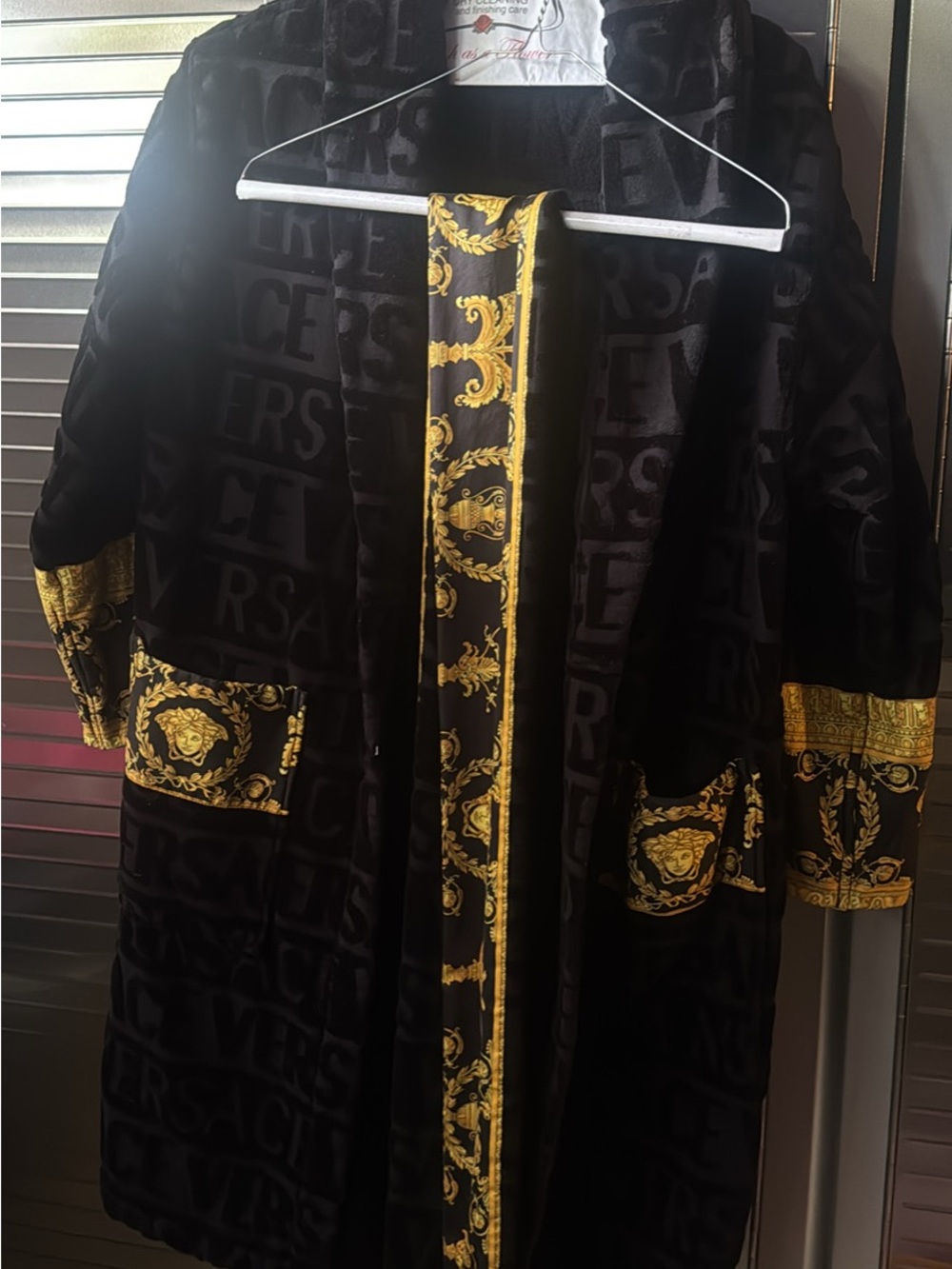 Versace Black Velvet Robe with Gold Baroque Trim and Medusa Pockets